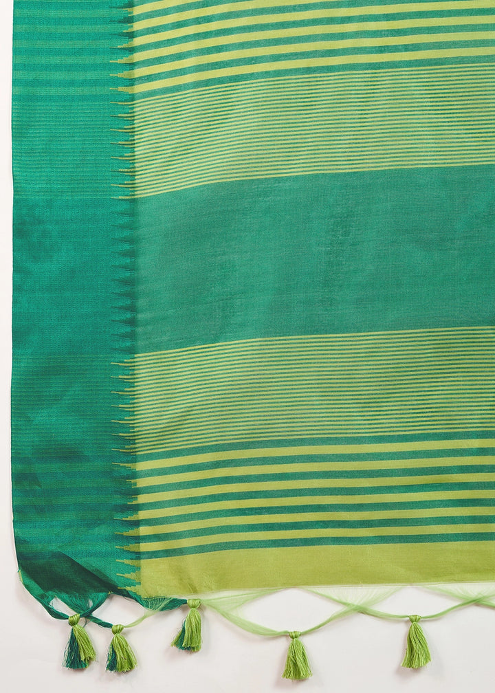 Limerick Green Raw Silk Saree Adorned with Temple Style Border