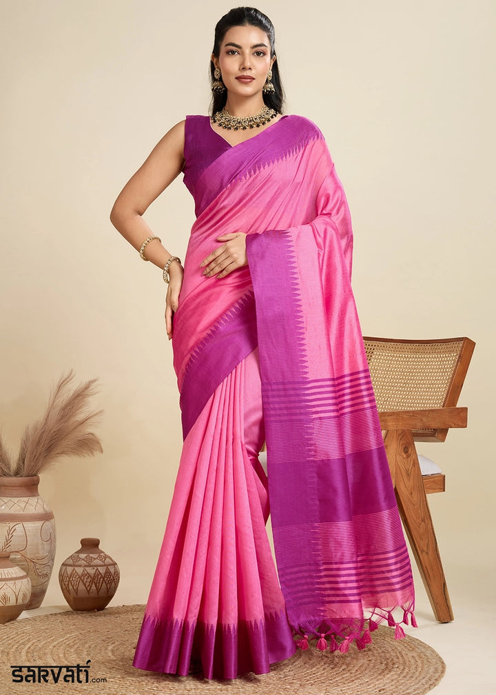 Shocking Pink Raw Silk Saree Adorned with Temple Style Border