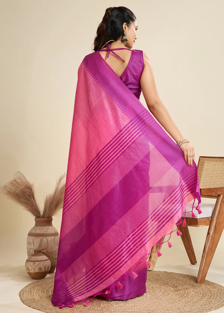 Shocking Pink Raw Silk Saree Adorned with Temple Style Border