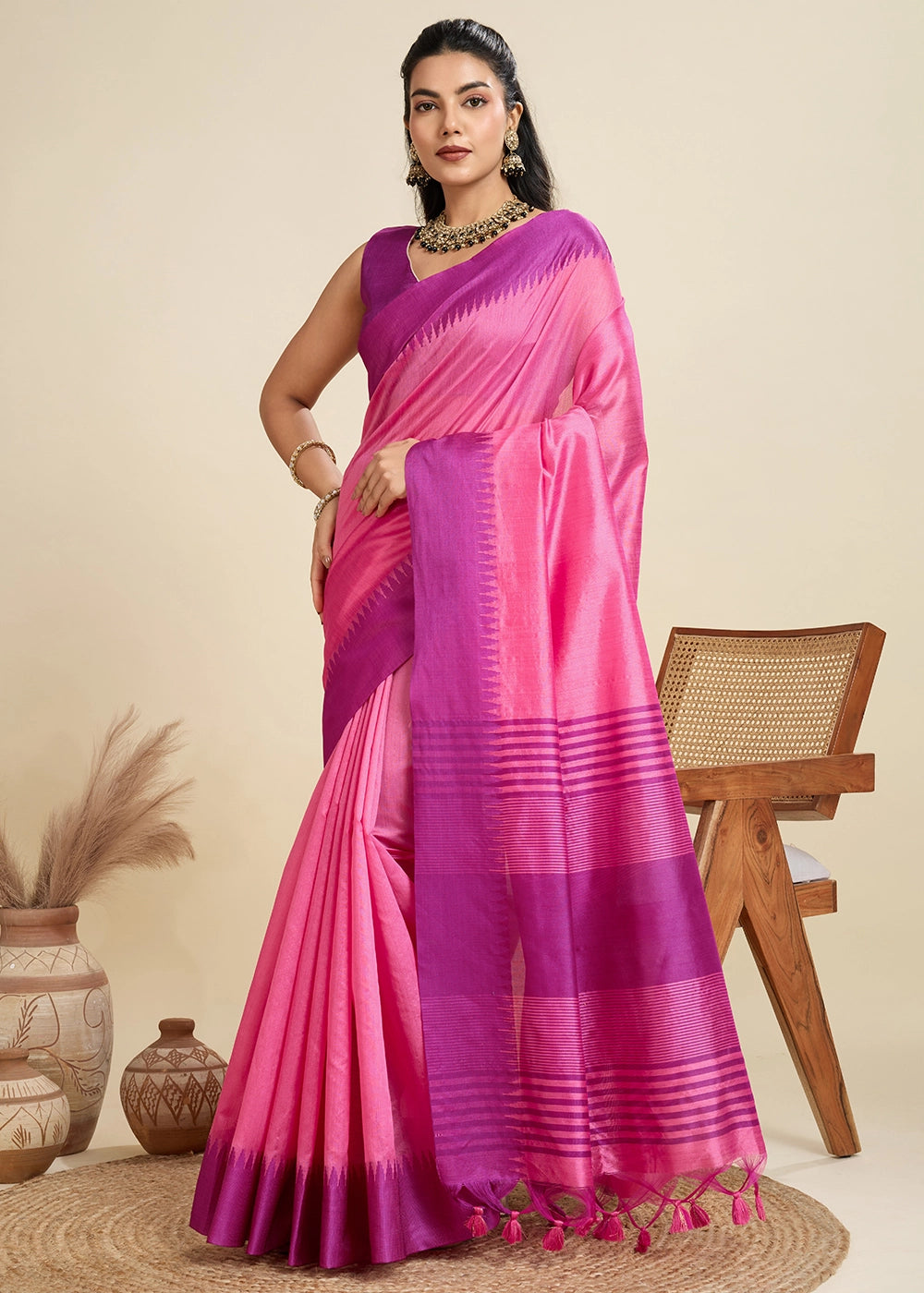 Shocking Pink Raw Silk Saree Adorned with Temple Style Border