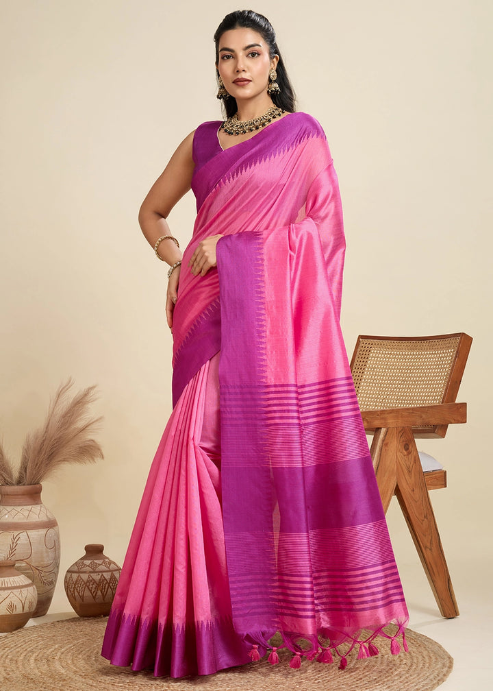 Shocking Pink Raw Silk Saree Adorned with Temple Style Border