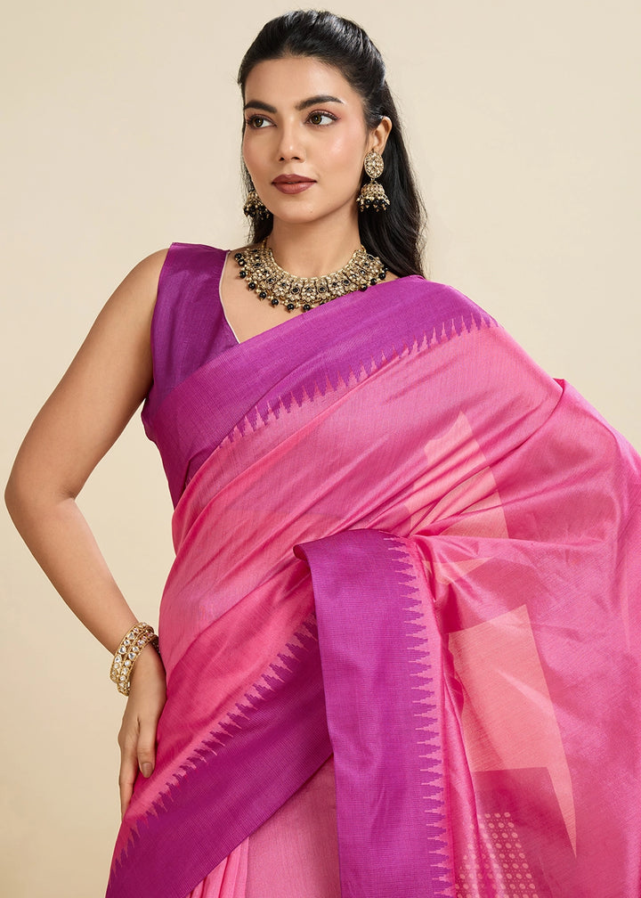 Shocking Pink Raw Silk Saree Adorned with Temple Style Border