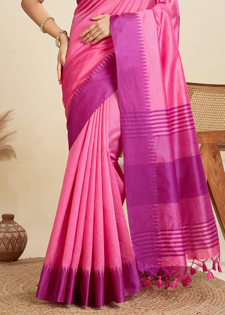 Shocking Pink Raw Silk Saree Adorned with Temple Style Border