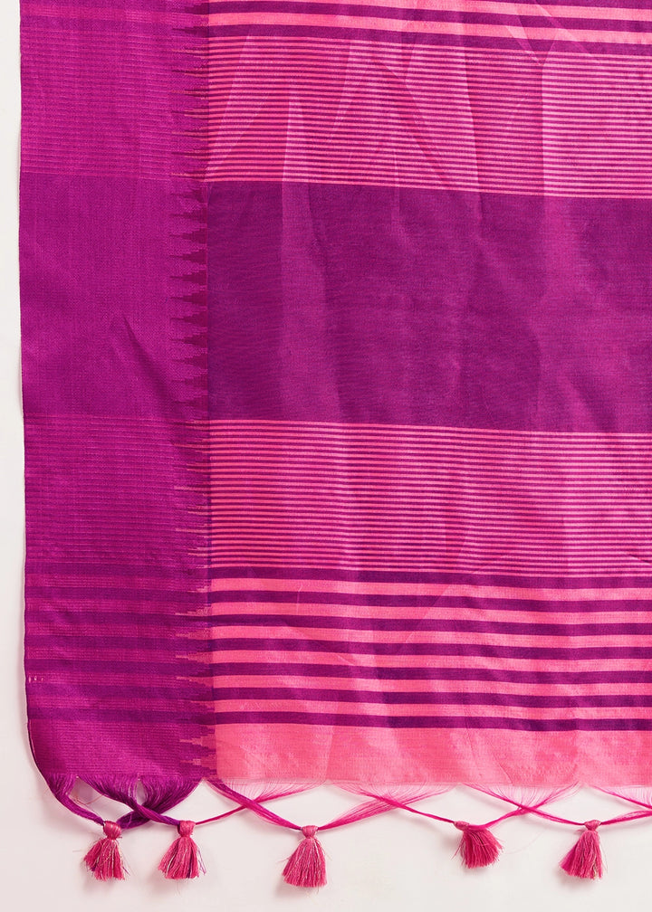 Shocking Pink Raw Silk Saree Adorned with Temple Style Border