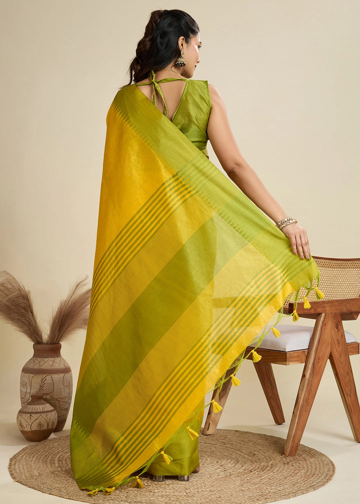 Canary Yellow Raw Silk Saree Adorned with Temple Style Border