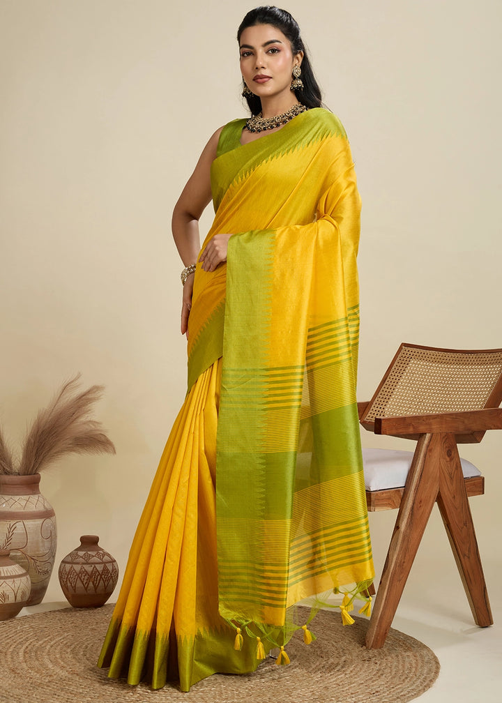 Canary Yellow Raw Silk Saree Adorned with Temple Style Border