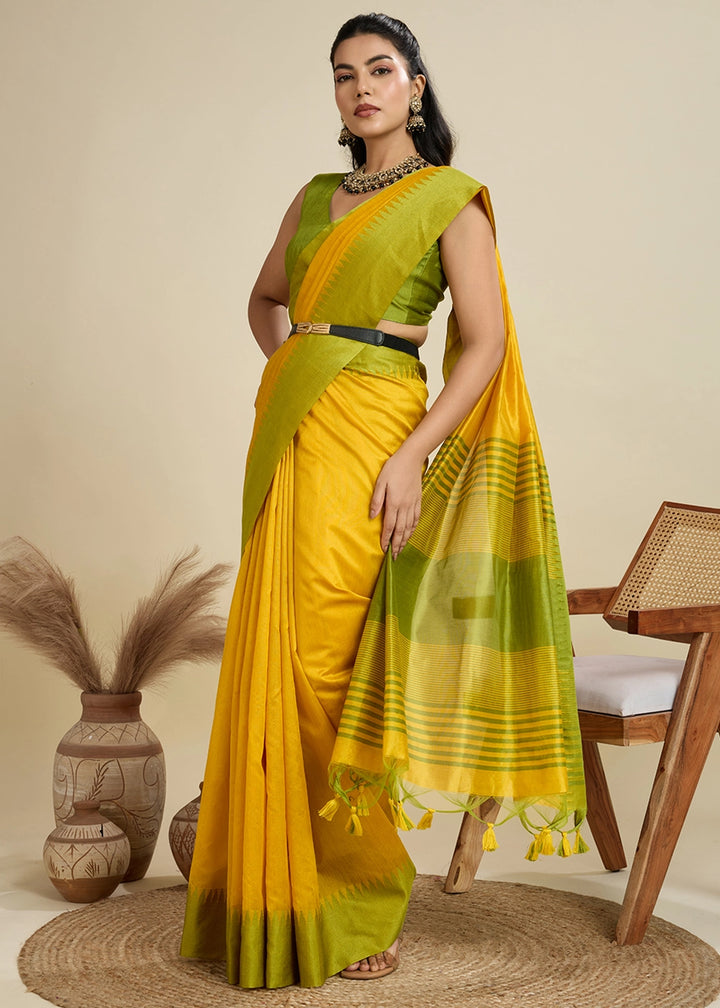 Canary Yellow Raw Silk Saree Adorned with Temple Style Border