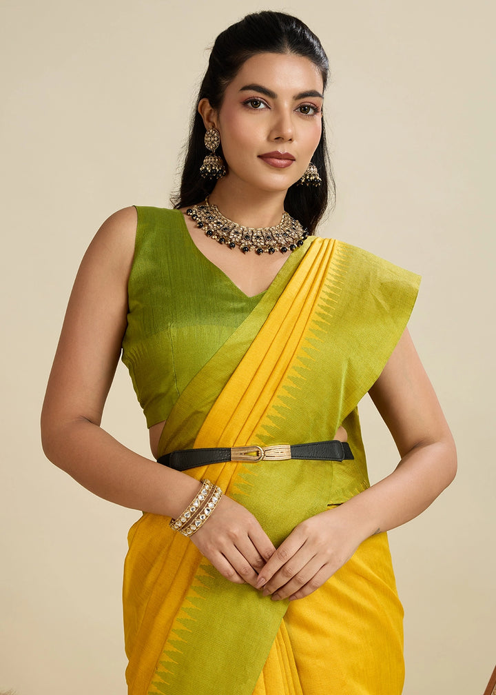 Canary Yellow Raw Silk Saree Adorned with Temple Style Border