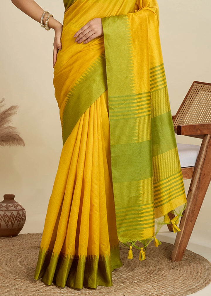 Canary Yellow Raw Silk Saree Adorned with Temple Style Border