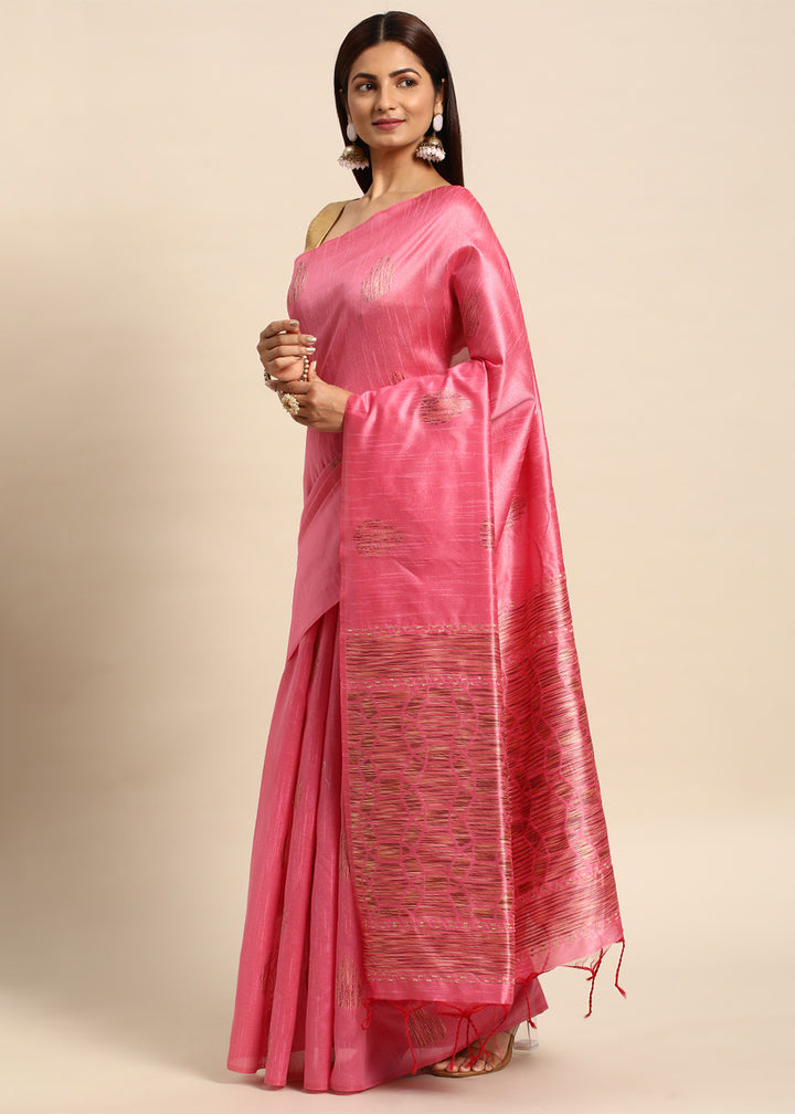 Brink Pink Raw Silk Saree with Intricate Woven Butti and Artistic Pallu