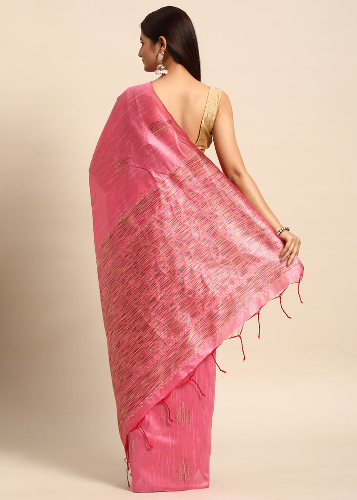 Brink Pink Raw Silk Saree with Intricate Woven Butti and Artistic Pallu