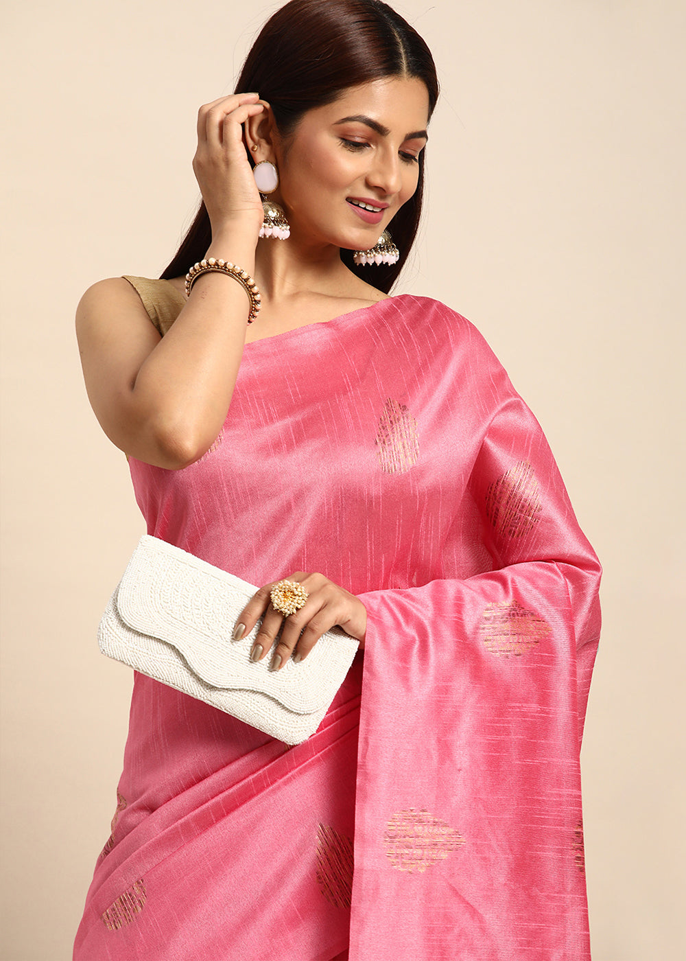 Brink Pink Raw Silk Saree with Intricate Woven Butti and Artistic Pallu