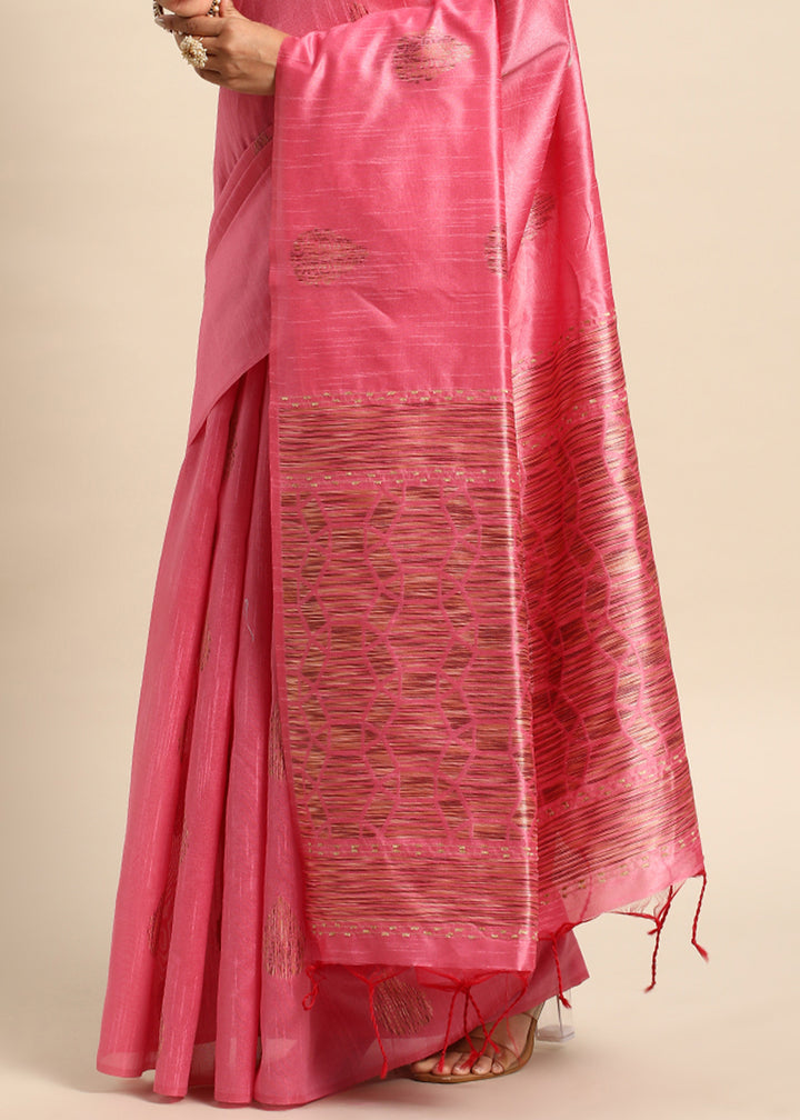 Brink Pink Raw Silk Saree with Intricate Woven Butti and Artistic Pallu