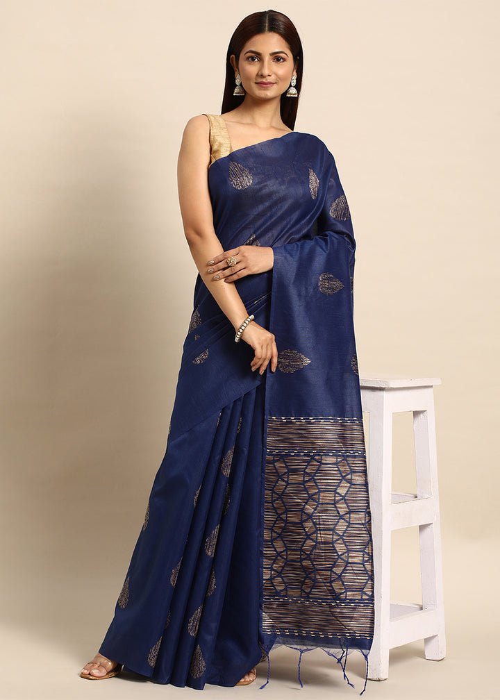 Berry Blue Raw Silk Saree with Intricate Woven Butti and Artistic Pallu