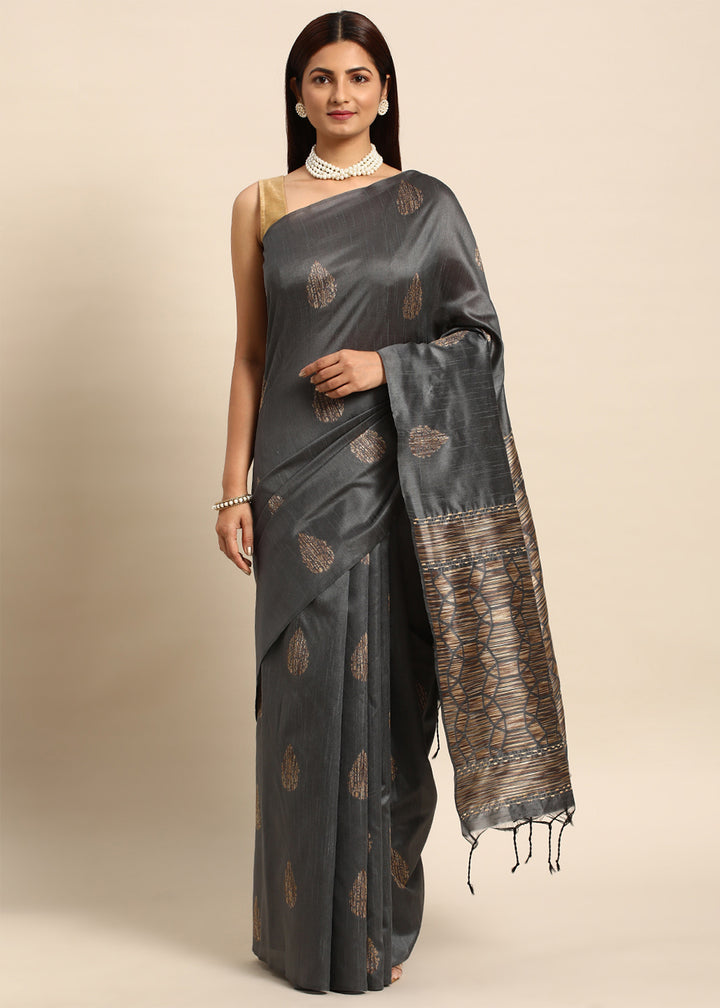 Lead Grey Raw Silk Saree with Intricate Woven Butti and Artistic Pallu