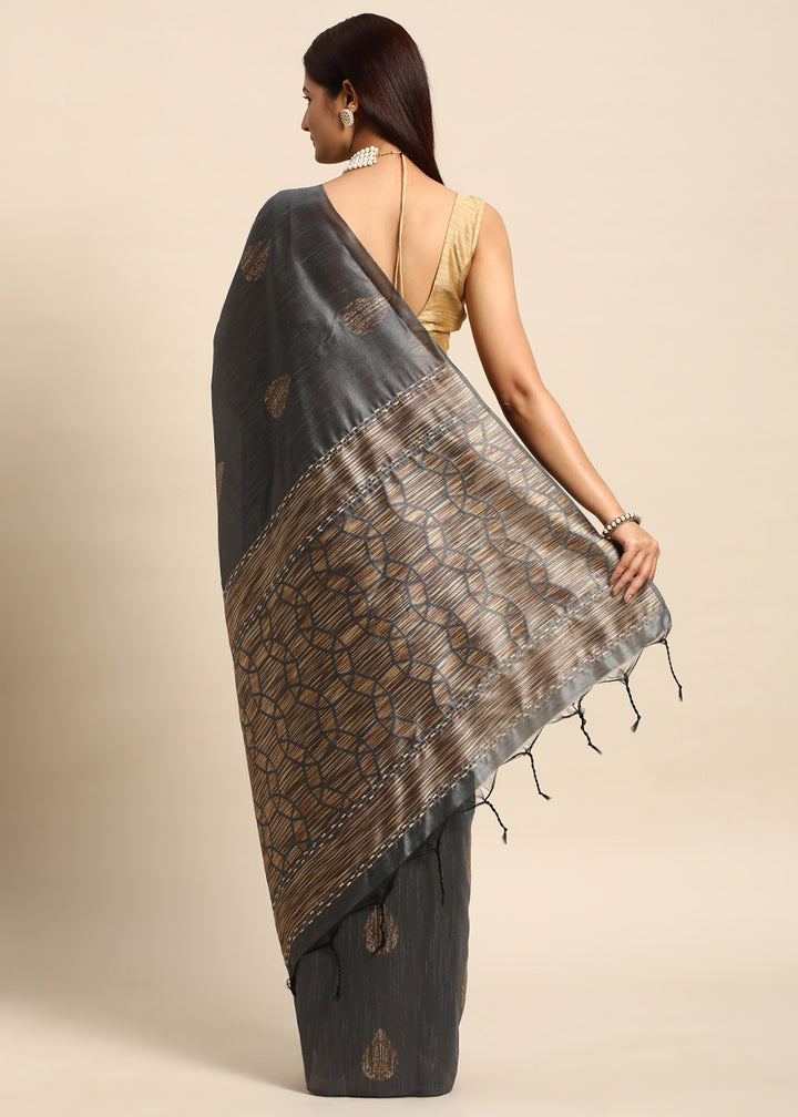 Lead Grey Raw Silk Saree with Intricate Woven Butti and Artistic Pallu