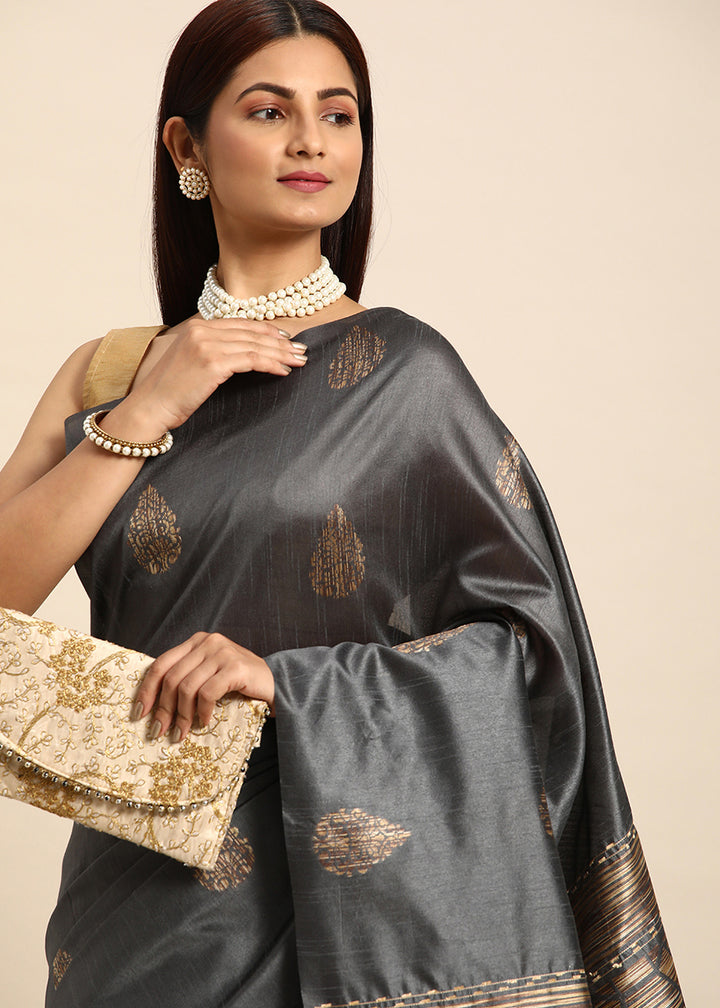 Lead Grey Raw Silk Saree with Intricate Woven Butti and Artistic Pallu