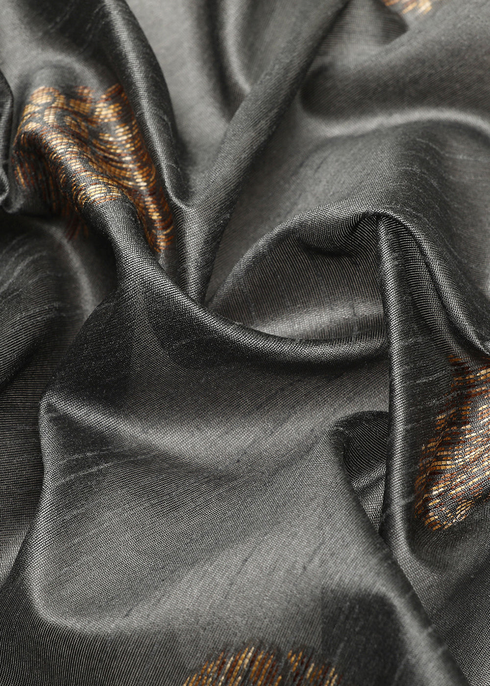 Lead Grey Raw Silk Saree with Intricate Woven Butti and Artistic Pallu