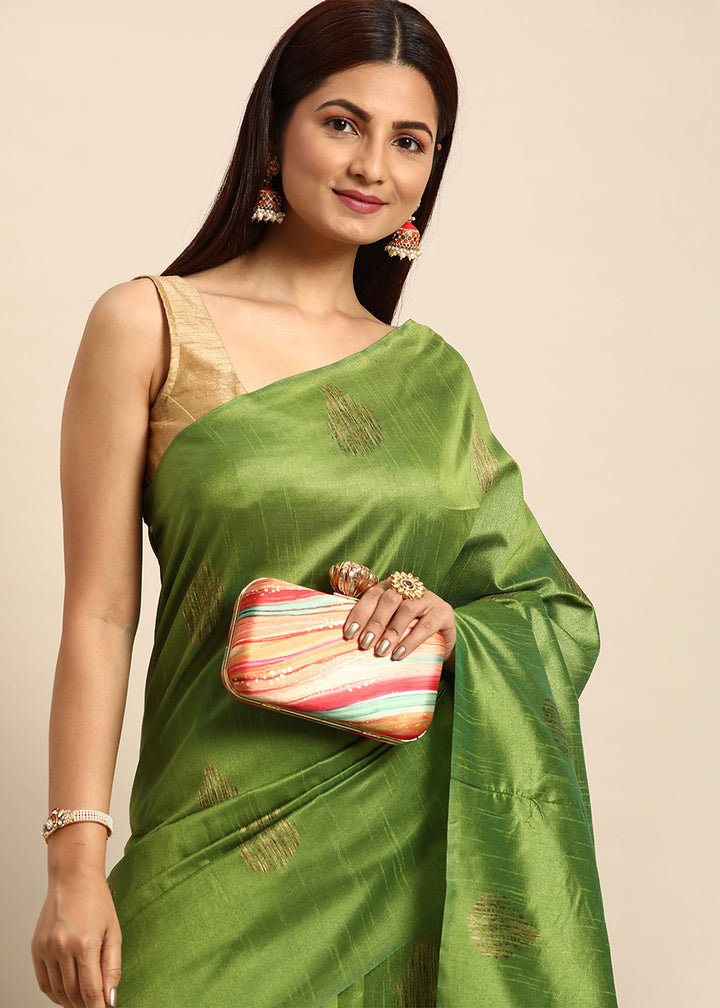 Kelly Green Raw Silk Saree with Intricate Woven Butti and Artistic Pallu