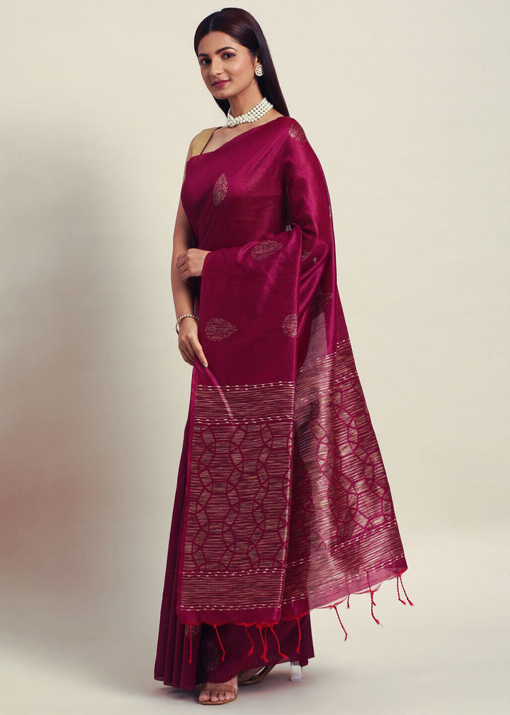 Jam Purple Raw Silk Saree with Intricate Woven Butti and Artistic Pallu