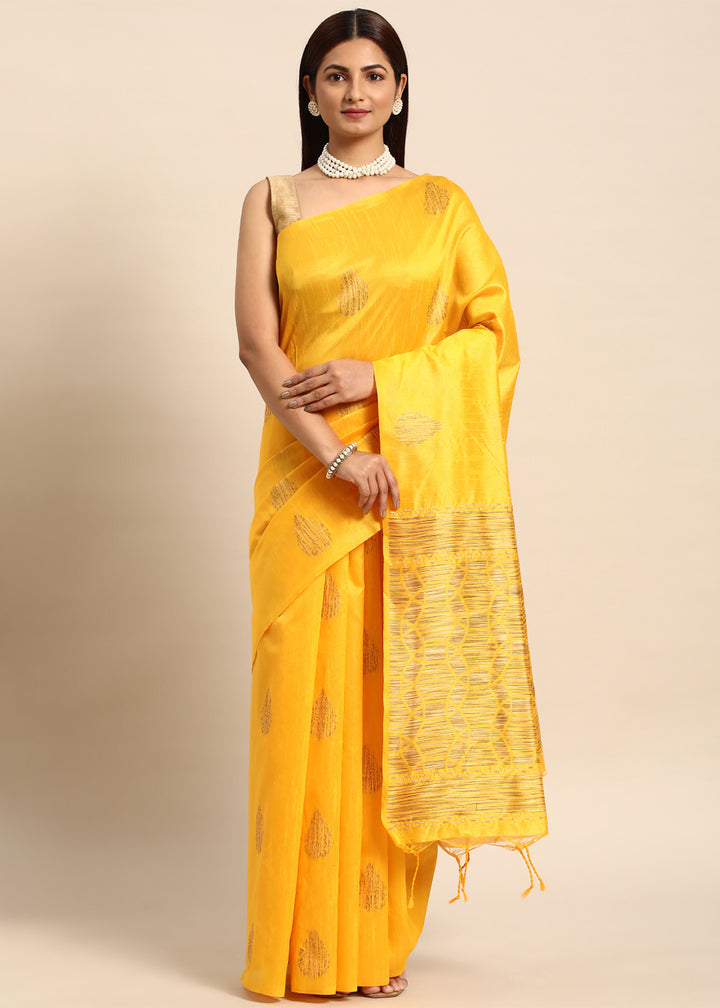 Saffron Yellow Raw Silk Saree with Intricate Woven Butti and Artistic Pallu