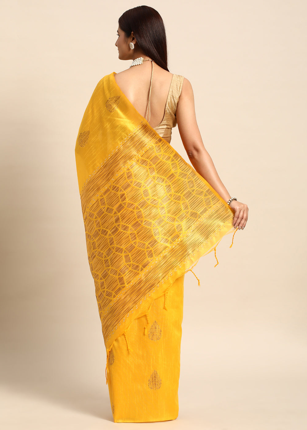 Saffron Yellow Raw Silk Saree with Intricate Woven Butti and Artistic Pallu