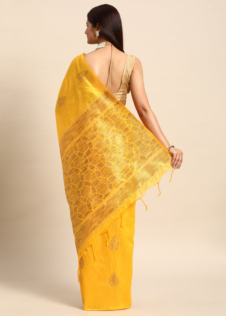 Saffron Yellow Raw Silk Saree with Intricate Woven Butti and Artistic Pallu