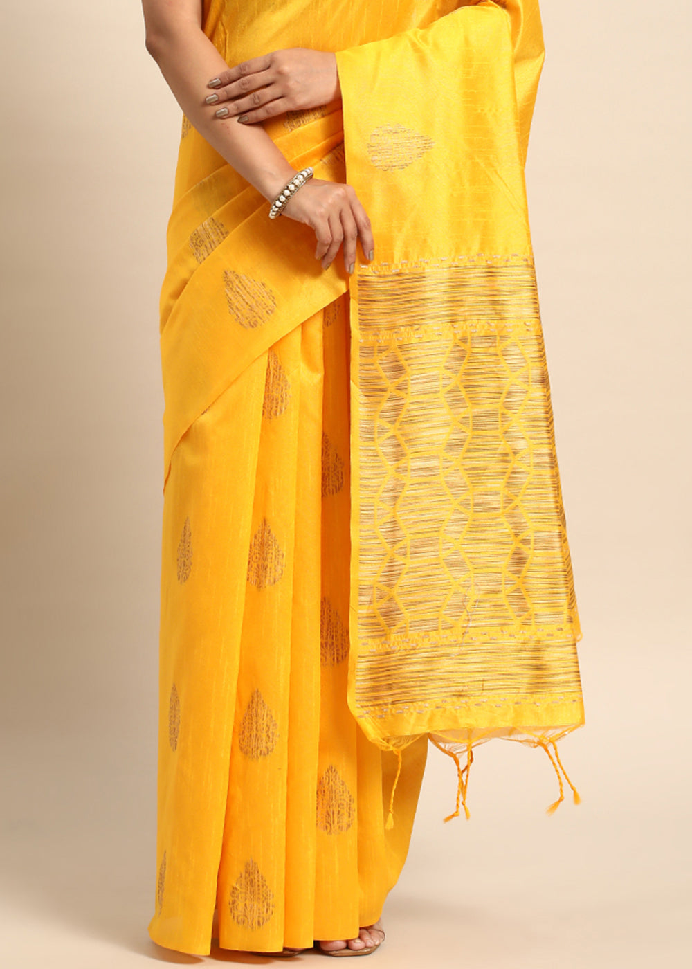 Saffron Yellow Raw Silk Saree with Intricate Woven Butti and Artistic Pallu