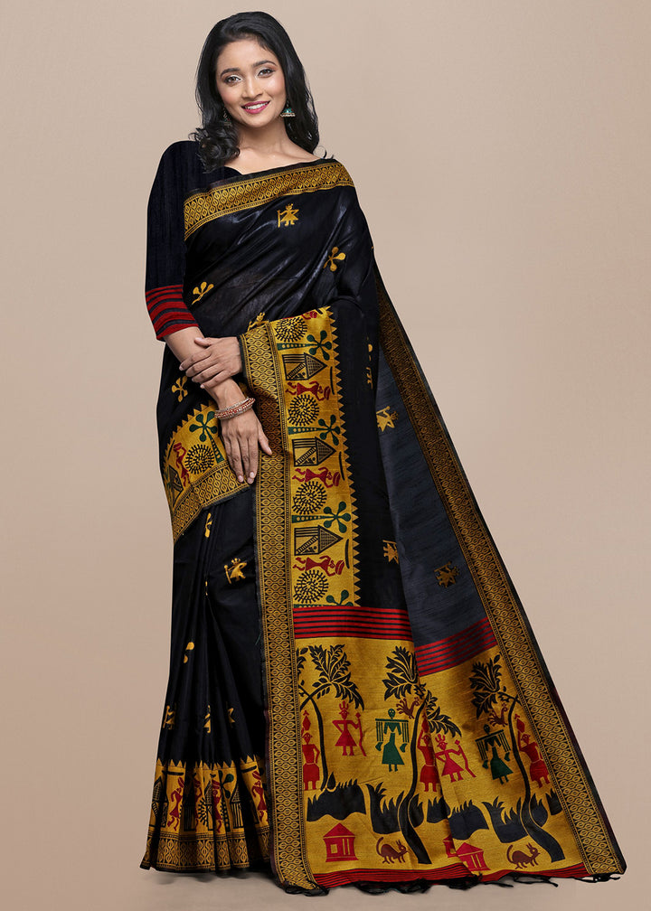 Onyx Black Raw Silk Saree Featuring Kalamkari Artwork