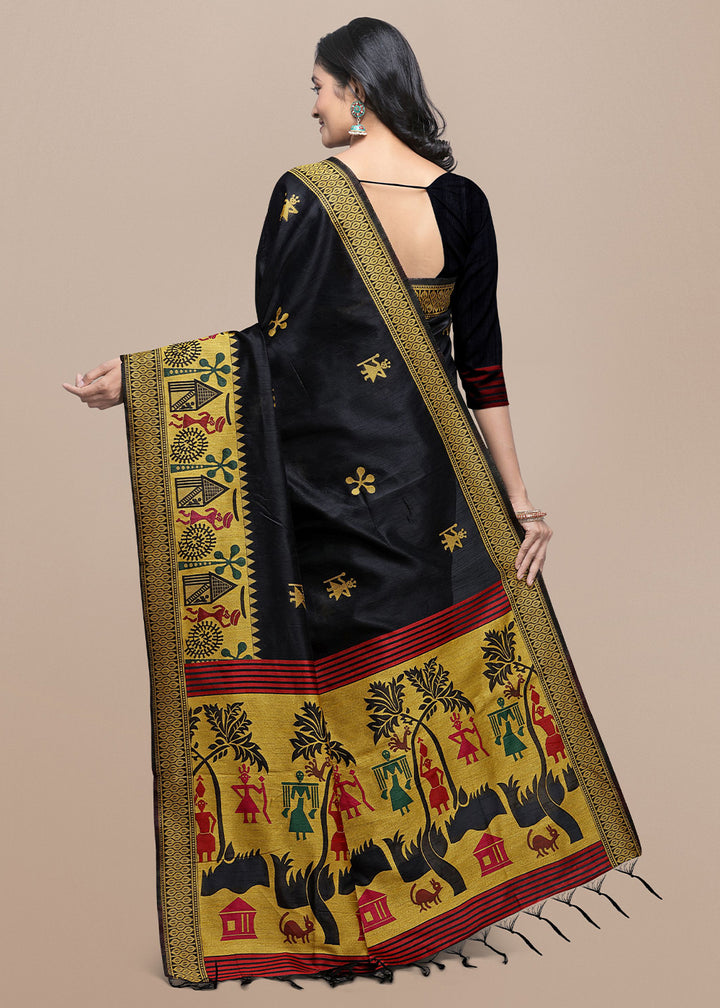 Onyx Black Raw Silk Saree Featuring Kalamkari Artwork