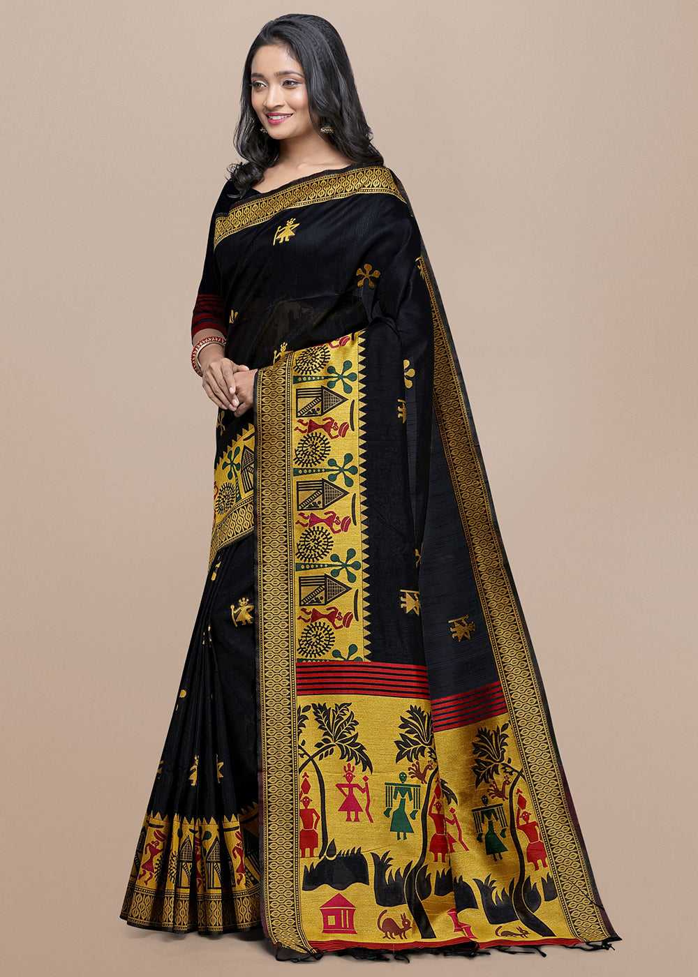 Onyx Black Raw Silk Saree Featuring Kalamkari Artwork