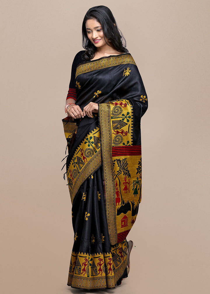 Onyx Black Raw Silk Saree Featuring Kalamkari Artwork