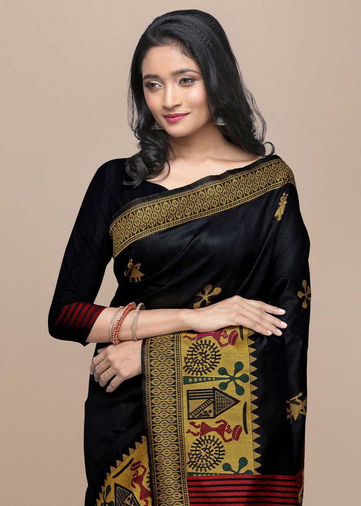 Onyx Black Raw Silk Saree Featuring Kalamkari Artwork