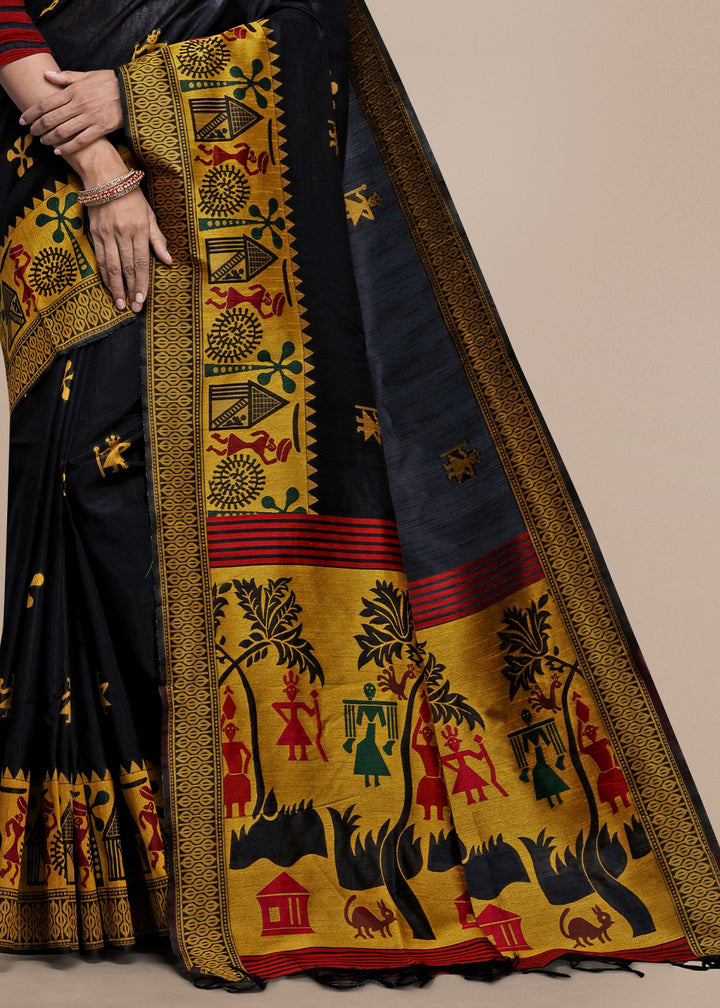 Onyx Black Raw Silk Saree Featuring Kalamkari Artwork