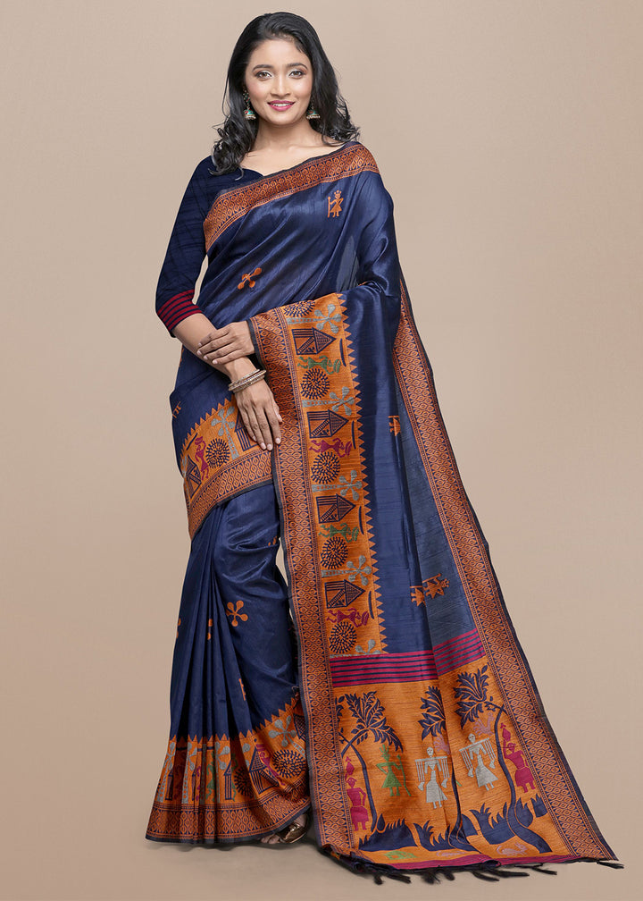 Navy Blue Raw Silk Saree Featuring Kalamkari Artwork