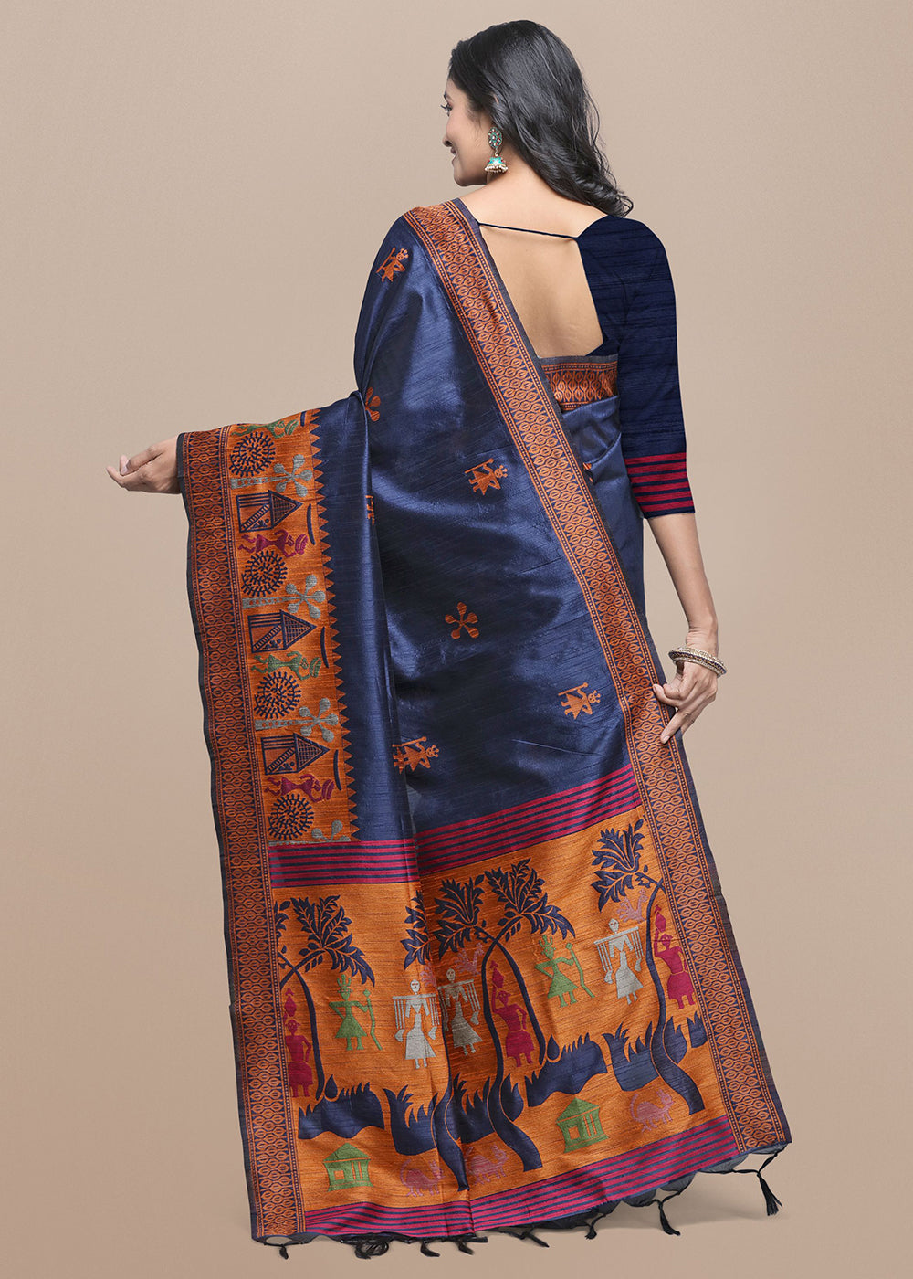 Navy Blue Raw Silk Saree Featuring Kalamkari Artwork