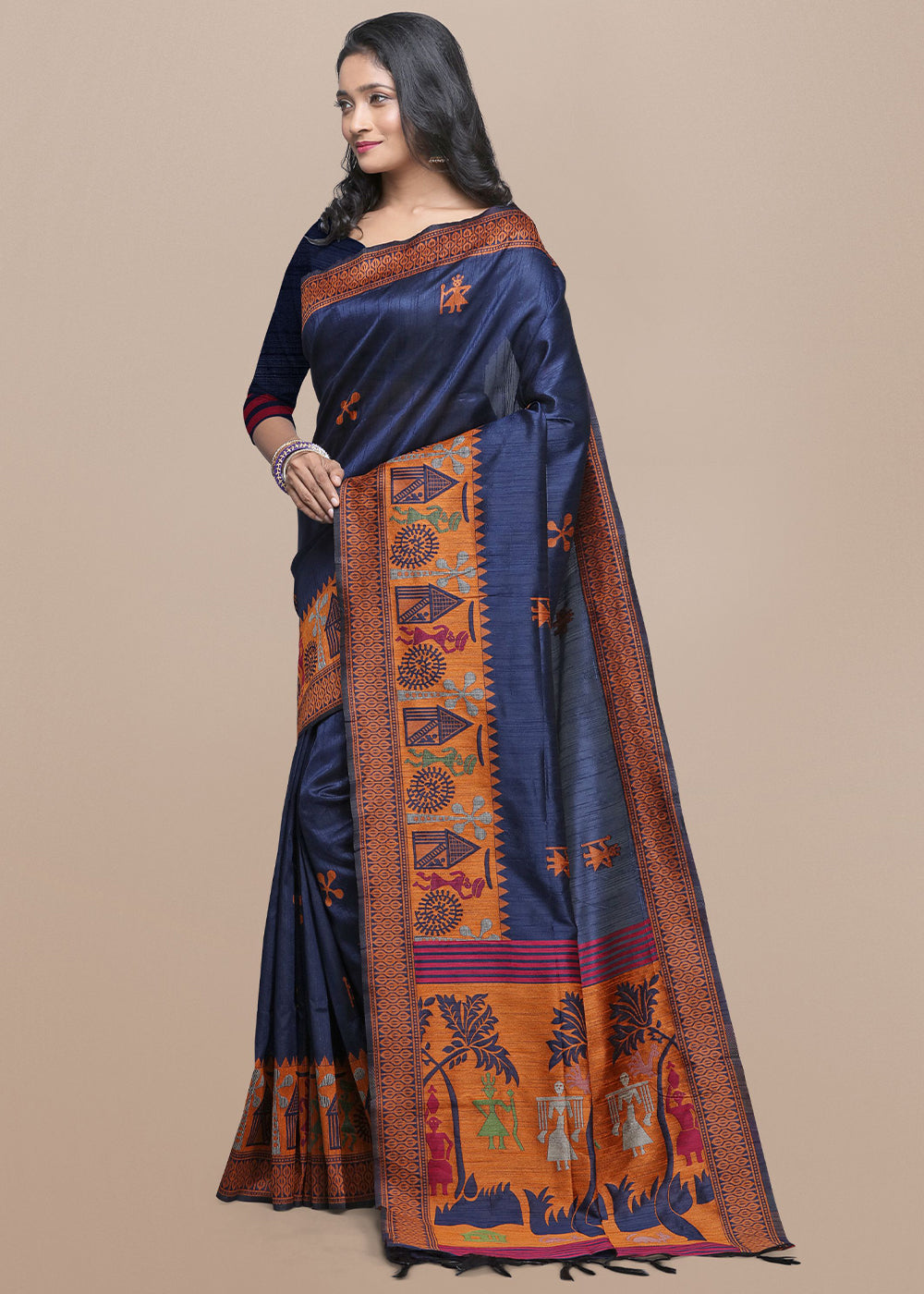 Navy Blue Raw Silk Saree Featuring Kalamkari Artwork