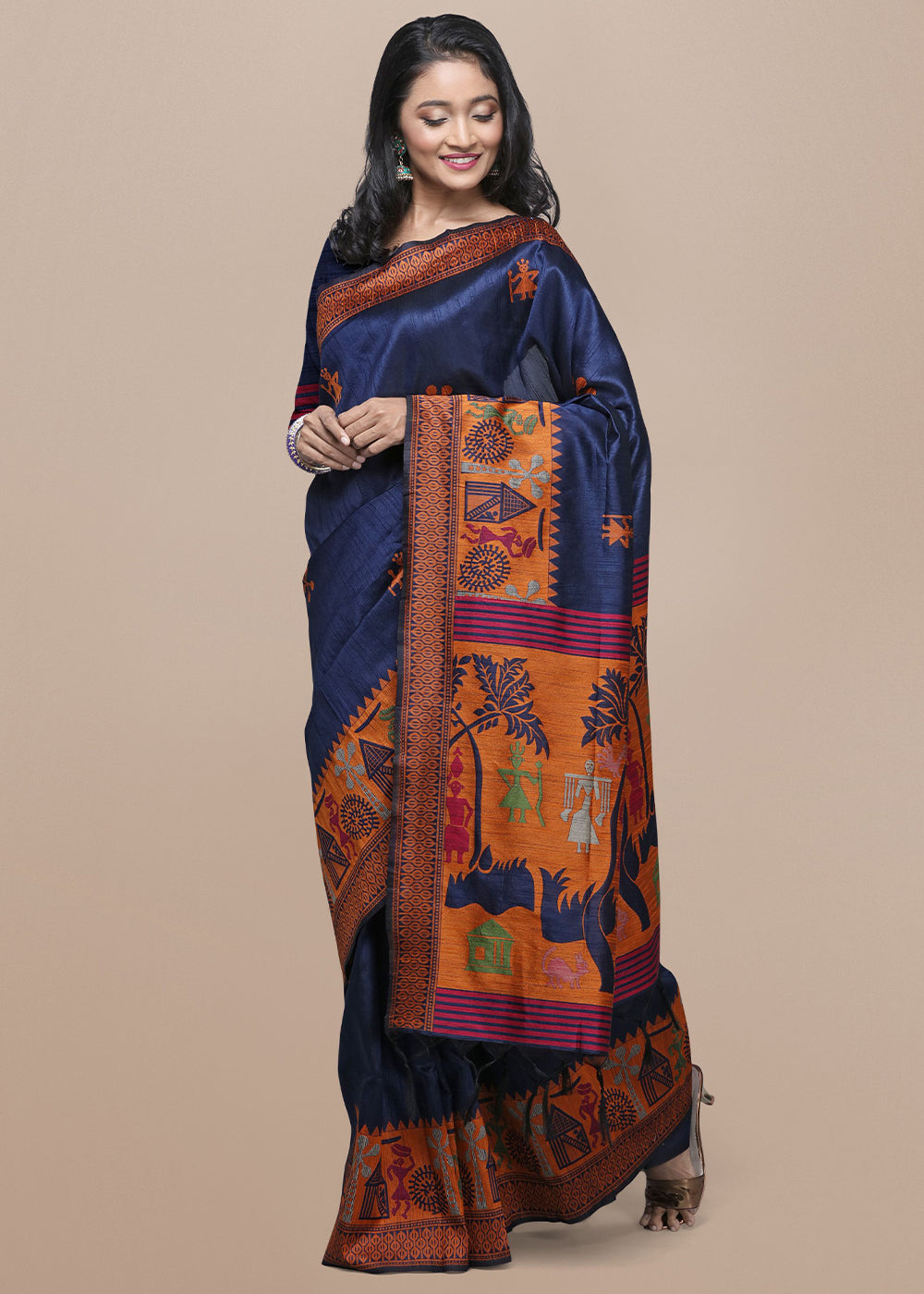 Navy Blue Raw Silk Saree Featuring Kalamkari Artwork