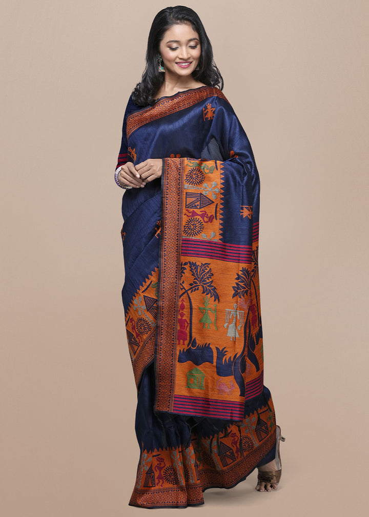 Navy Blue Raw Silk Saree Featuring Kalamkari Artwork