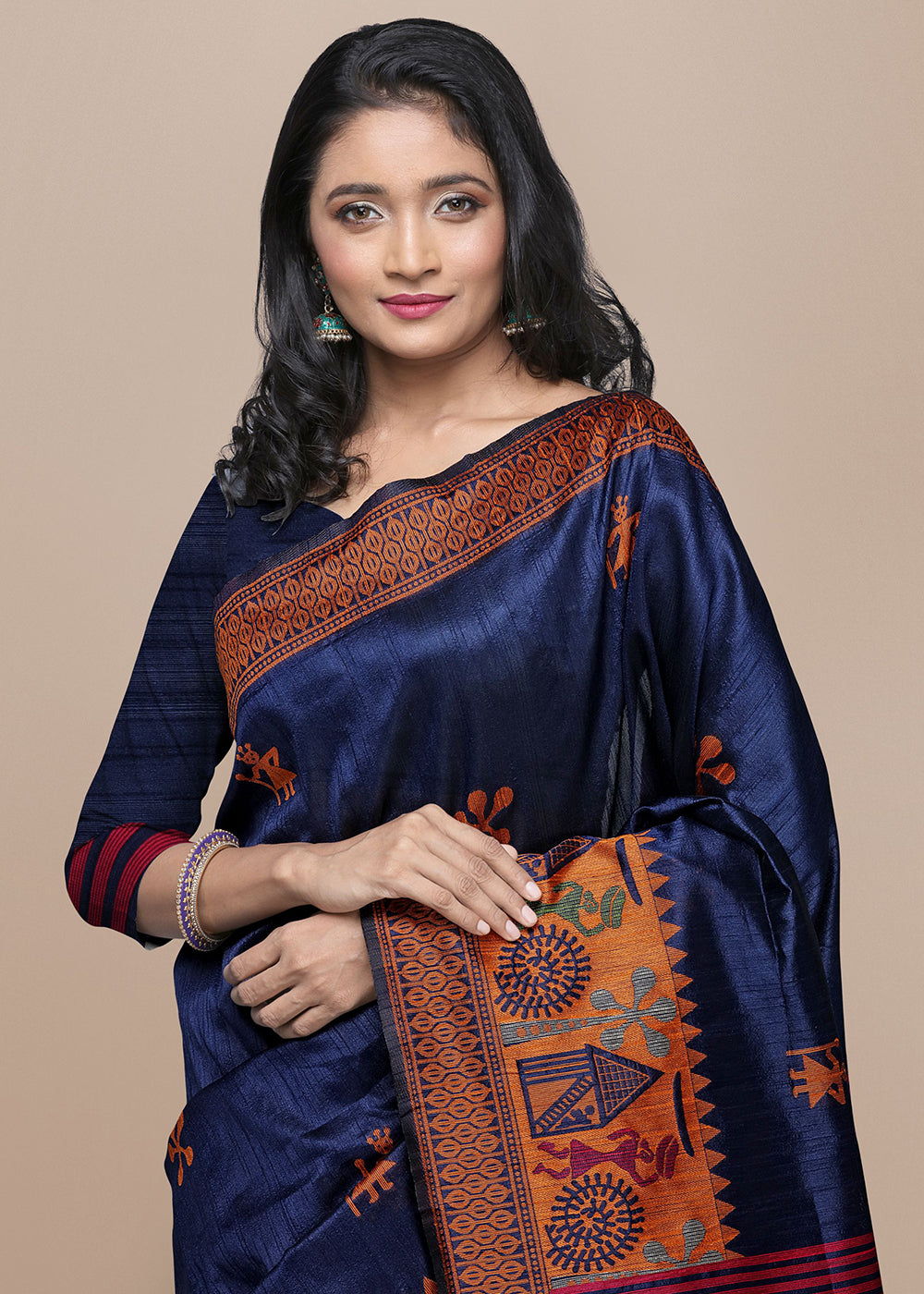 Navy Blue Raw Silk Saree Featuring Kalamkari Artwork