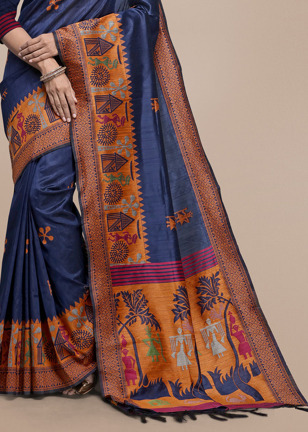 Navy Blue Raw Silk Saree Featuring Kalamkari Artwork