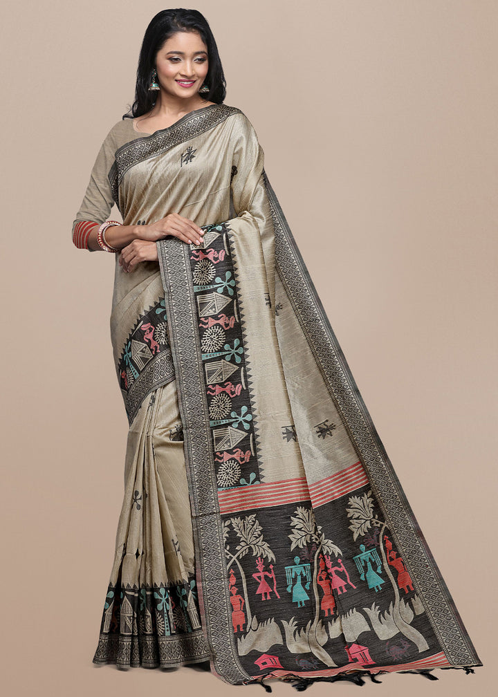 Rhinoceros Grey Raw Silk Saree Featuring Kalamkari Artwork