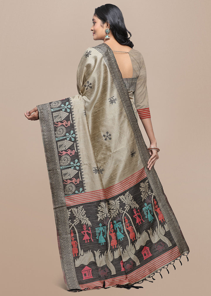 Rhinoceros Grey Raw Silk Saree Featuring Kalamkari Artwork