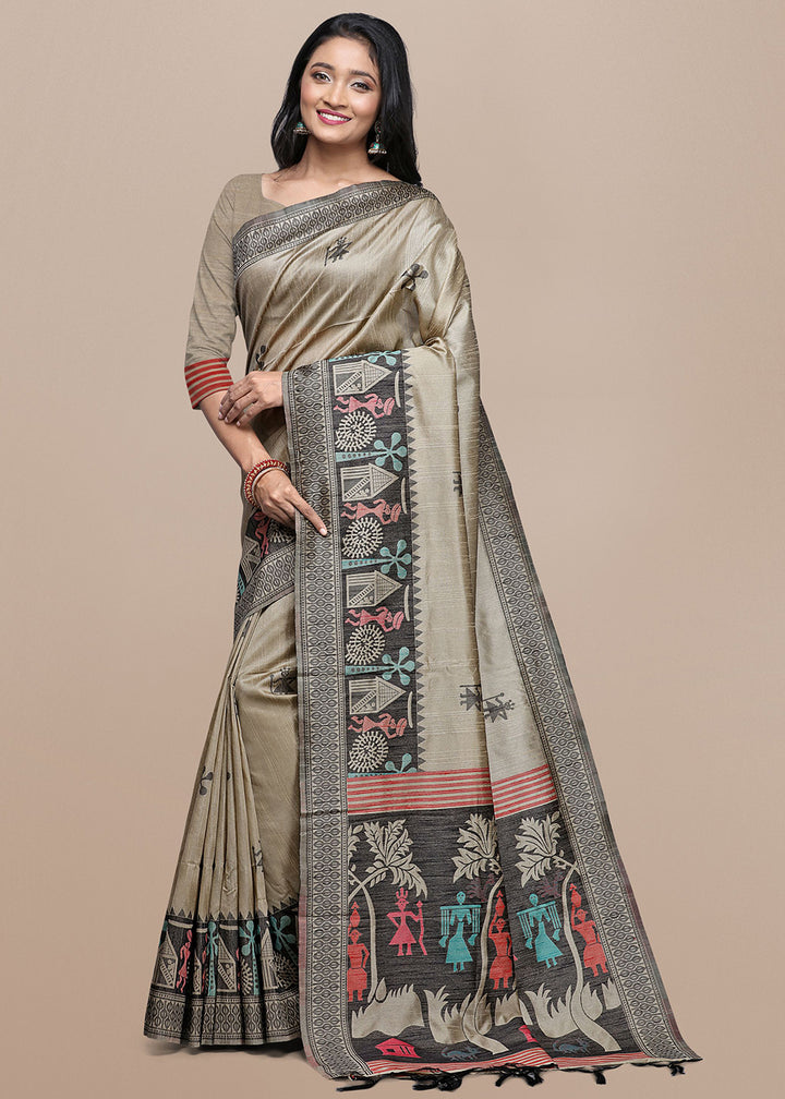 Rhinoceros Grey Raw Silk Saree Featuring Kalamkari Artwork