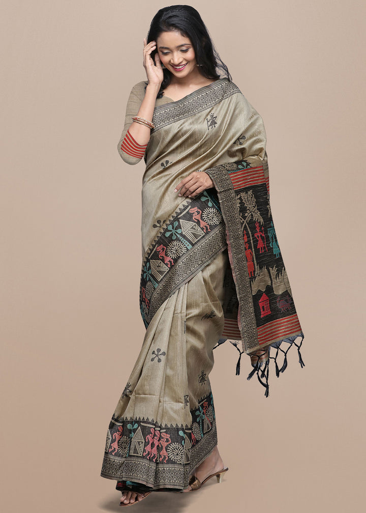 Rhinoceros Grey Raw Silk Saree Featuring Kalamkari Artwork