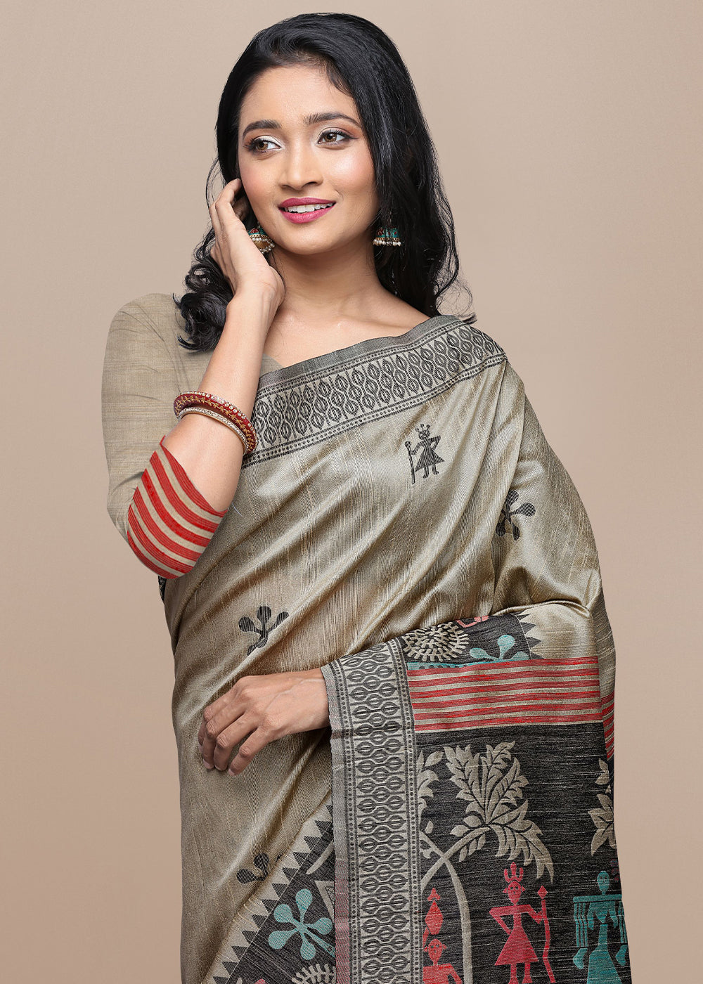 Rhinoceros Grey Raw Silk Saree Featuring Kalamkari Artwork