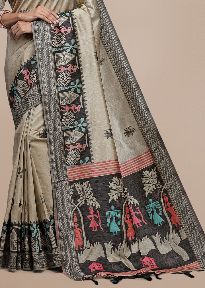 Rhinoceros Grey Raw Silk Saree Featuring Kalamkari Artwork