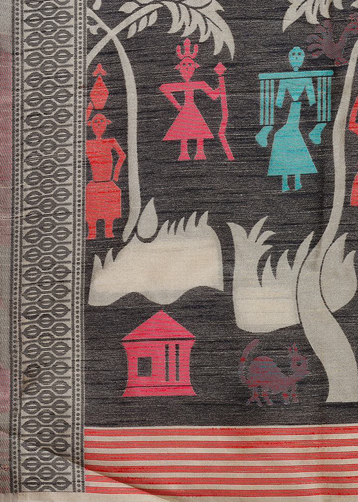 Rhinoceros Grey Raw Silk Saree Featuring Kalamkari Artwork