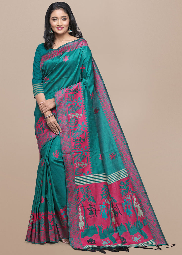 Rama Green Raw Silk Saree Featuring Kalamkari Artwork