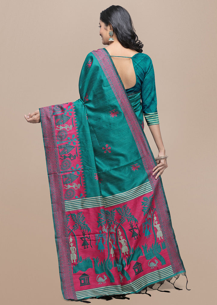 Rama Green Raw Silk Saree Featuring Kalamkari Artwork